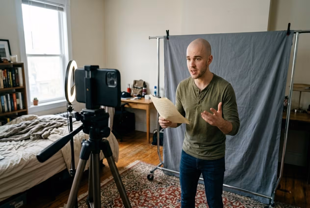 Actor practicing lines on phone